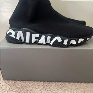 Balenciaga Black Sock Trainer with White Size Tag Detail